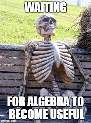 Waiting Skeleton Meme | WAITING; FOR ALGEBRA TO BECOME USEFUL | image tagged in memes,waiting skeleton | made w/ Imgflip meme maker