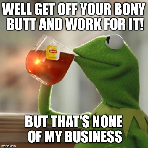 But That's None Of My Business Meme | WELL GET OFF YOUR BONY BUTT AND WORK FOR IT! BUT THAT'S NONE OF MY BUSINESS | image tagged in memes,but thats none of my business,kermit the frog | made w/ Imgflip meme maker