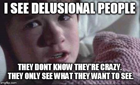 I See Dead People Meme | I SEE DELUSIONAL PEOPLE; THEY DONT KNOW THEY'RE CRAZY. THEY ONLY SEE WHAT THEY WANT TO SEE. | image tagged in memes,i see dead people | made w/ Imgflip meme maker