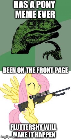 Front page Fluttershy | HAS A PONY MEME EVER; BEEN ON THE FRONT PAGE; FLUTTERSHY WILL MAKE IT HAPPEN | image tagged in fluttershy,philosoraptor | made w/ Imgflip meme maker