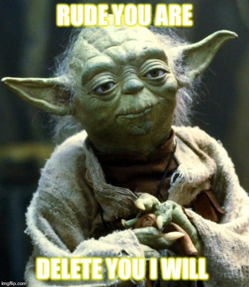 Star Wars Yoda Meme | RUDE YOU ARE; DELETE YOU I WILL | image tagged in memes,star wars yoda | made w/ Imgflip meme maker