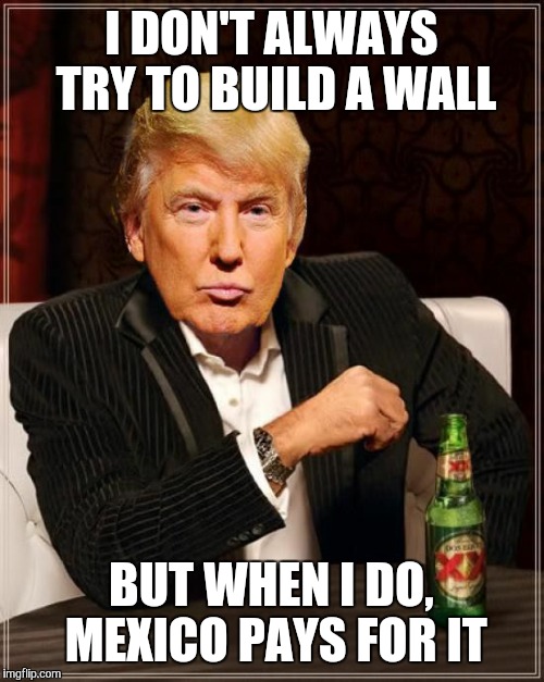 Trump Most Interesting Man In The World | I DON'T ALWAYS TRY TO BUILD A WALL; BUT WHEN I DO, MEXICO PAYS FOR IT | image tagged in trump most interesting man in the world | made w/ Imgflip meme maker