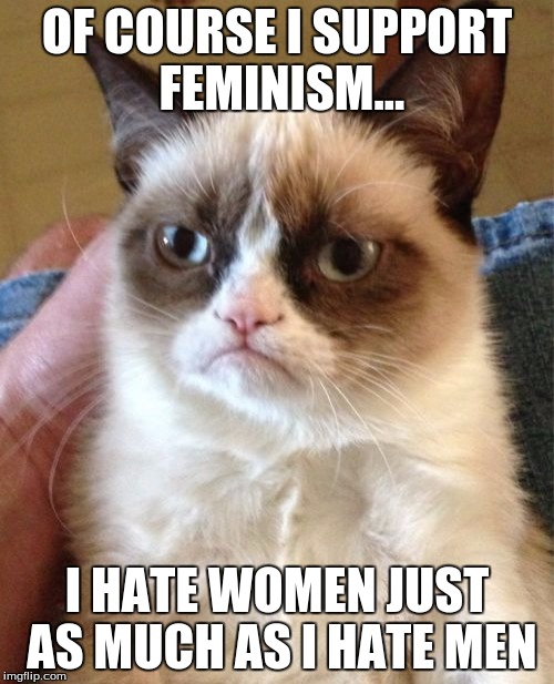Grumpy Cat | OF COURSE I SUPPORT FEMINISM... I HATE WOMEN JUST AS MUCH AS I HATE MEN | image tagged in memes,grumpy cat | made w/ Imgflip meme maker