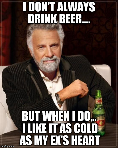 ever have to deal with an ex ?  | I DON'T ALWAYS DRINK BEER.... BUT WHEN I DO,.. I LIKE IT AS COLD AS MY EX'S HEART | image tagged in memes,the most interesting man in the world | made w/ Imgflip meme maker