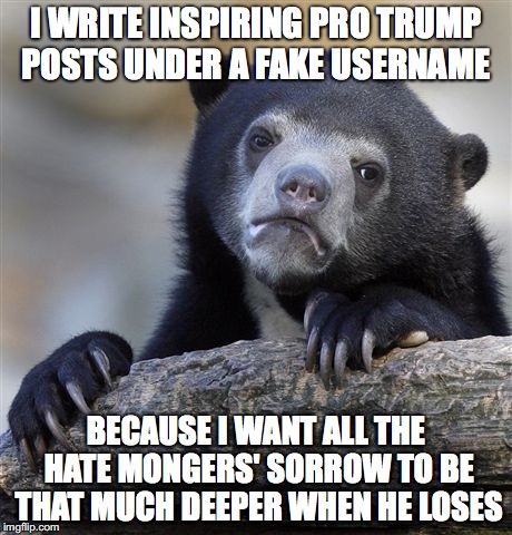 Confession Bear Meme | I WRITE INSPIRING PRO TRUMP POSTS UNDER A FAKE USERNAME; BECAUSE I WANT ALL THE HATE MONGERS' SORROW TO BE THAT MUCH DEEPER WHEN HE LOSES | image tagged in memes,confession bear | made w/ Imgflip meme maker