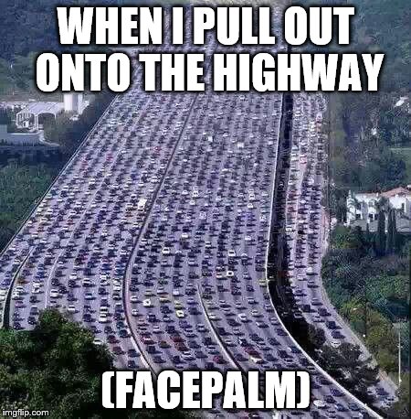 worlds biggest traffic jam | WHEN I PULL OUT ONTO THE HIGHWAY; (FACEPALM) | image tagged in worlds biggest traffic jam | made w/ Imgflip meme maker