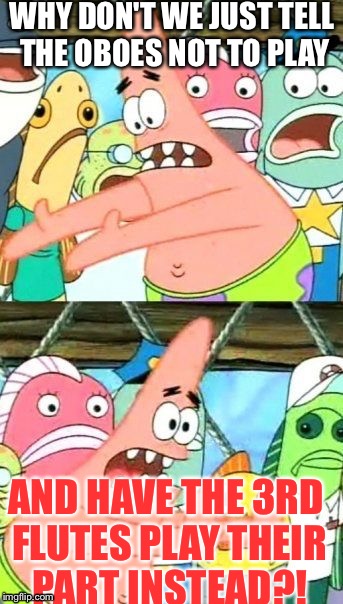 Why don't we? It would make tuning the band so much easier! | WHY DON'T WE JUST TELL THE OBOES NOT TO PLAY; AND HAVE THE 3RD FLUTES PLAY THEIR PART INSTEAD?! | image tagged in put it somewhere else patrick,band,funny | made w/ Imgflip meme maker