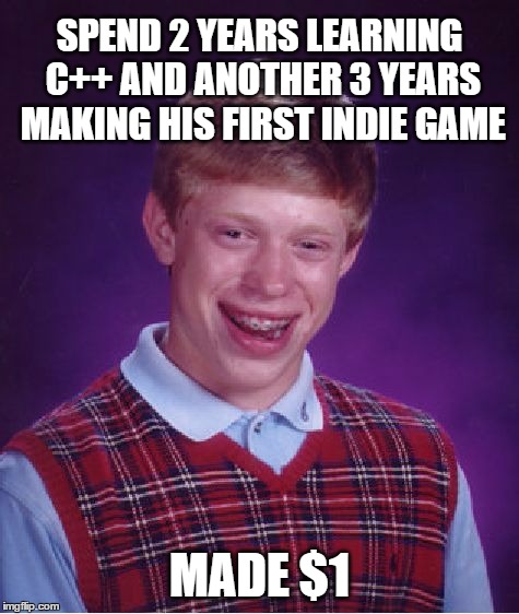 Bad Luck Indie Dev Brian | SPEND 2 YEARS LEARNING C++ AND ANOTHER 3 YEARS MAKING HIS FIRST INDIE GAME; MADE $1 | image tagged in memes,bad luck brian,indie,video games,frustrated programmer | made w/ Imgflip meme maker