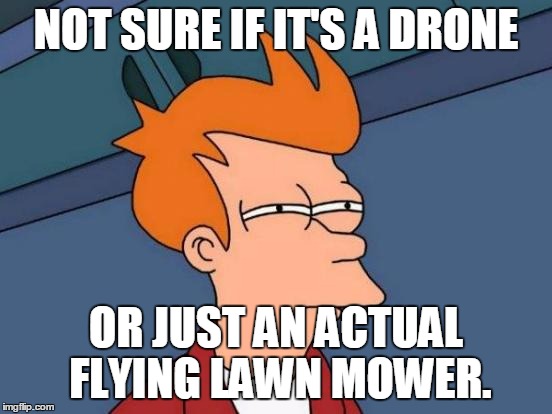 Futurama Fry Meme | NOT SURE IF IT'S A DRONE OR JUST AN ACTUAL FLYING LAWN MOWER. | image tagged in memes,futurama fry | made w/ Imgflip meme maker