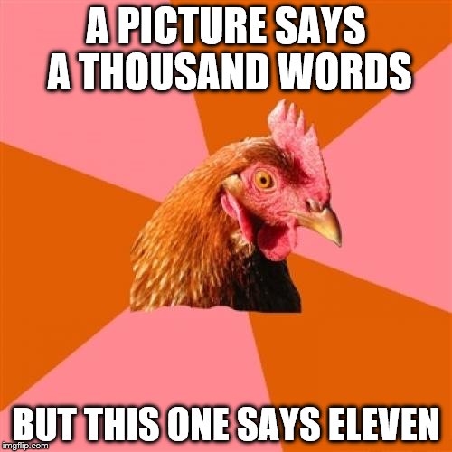Anti Joke Chicken | A PICTURE SAYS A THOUSAND WORDS; BUT THIS ONE SAYS ELEVEN | image tagged in memes,anti joke chicken | made w/ Imgflip meme maker