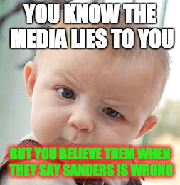 Skeptical Baby Meme | YOU KNOW THE MEDIA LIES TO YOU; BUT YOU BELIEVE THEM WHEN THEY SAY SANDERS IS WRONG | image tagged in memes,skeptical baby | made w/ Imgflip meme maker