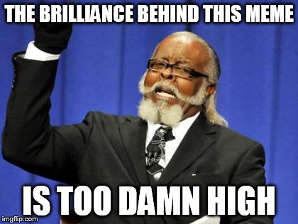 Too Damn High Meme | THE BRILLIANCE BEHIND THIS MEME IS TOO DAMN HIGH | image tagged in memes,too damn high | made w/ Imgflip meme maker