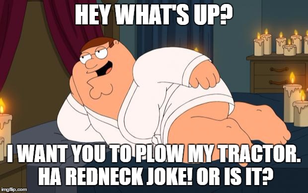 peter griffin | HEY WHAT'S UP? I WANT YOU TO PLOW MY TRACTOR. HA REDNECK JOKE! OR IS IT? | image tagged in peter griffin | made w/ Imgflip meme maker