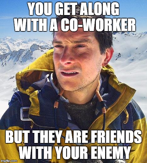 Bear Grylls | YOU GET ALONG WITH A CO-WORKER; BUT THEY ARE FRIENDS WITH YOUR ENEMY | image tagged in memes,bear grylls | made w/ Imgflip meme maker