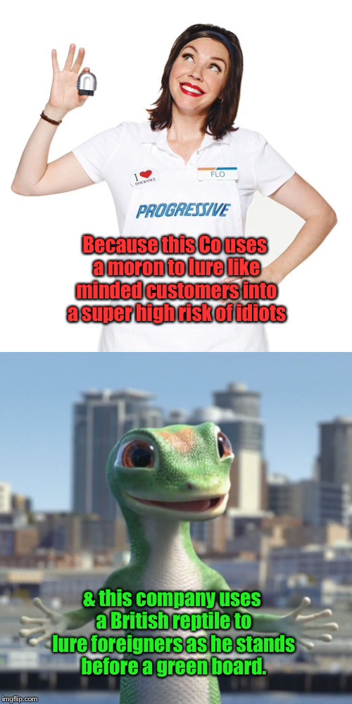 Because this Co uses a moron to lure like minded customers into a super high risk of idiots & this company uses a British reptile to lure fo | made w/ Imgflip meme maker