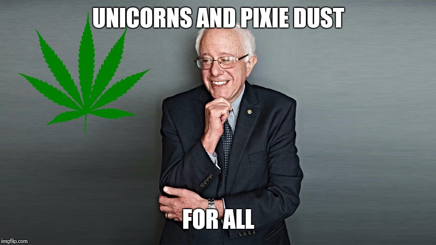 UNICORNS AND PIXIE DUST; FOR ALL | image tagged in bernie sanders,bernie and hillary,bernie and marihuana,funny memes | made w/ Imgflip meme maker