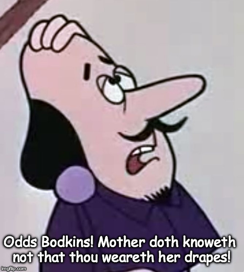 Animated Shakespeare | Odds Bodkins! Mother doth knoweth not that thou weareth her drapes! | image tagged in animated shakespeare | made w/ Imgflip meme maker