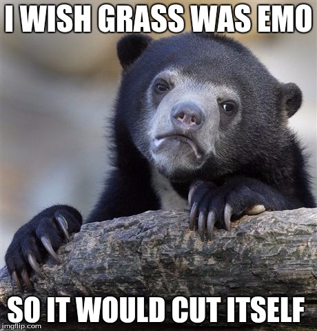 Confession Bear Meme | I WISH GRASS WAS EMO; SO IT WOULD CUT ITSELF | image tagged in memes,confession bear | made w/ Imgflip meme maker