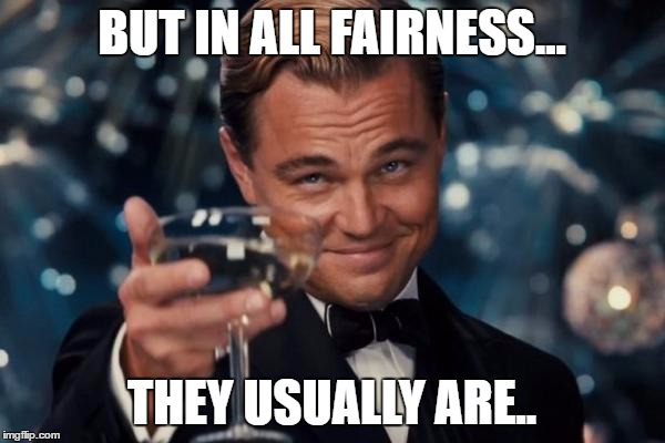 Leonardo Dicaprio Cheers Meme | BUT IN ALL FAIRNESS... THEY USUALLY ARE.. | image tagged in memes,leonardo dicaprio cheers | made w/ Imgflip meme maker
