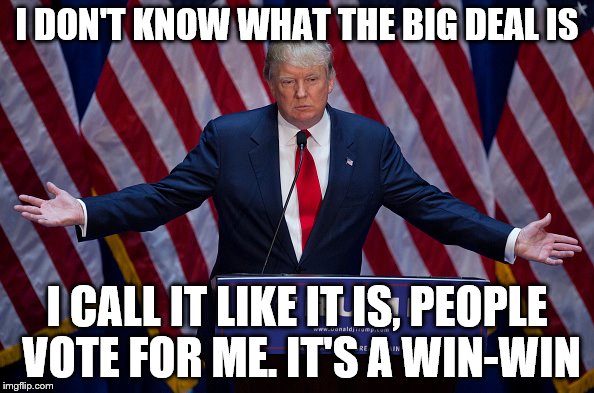 Trump Bruh | I DON'T KNOW WHAT THE BIG DEAL IS; I CALL IT LIKE IT IS, PEOPLE VOTE FOR ME. IT'S A WIN-WIN | image tagged in trump bruh | made w/ Imgflip meme maker