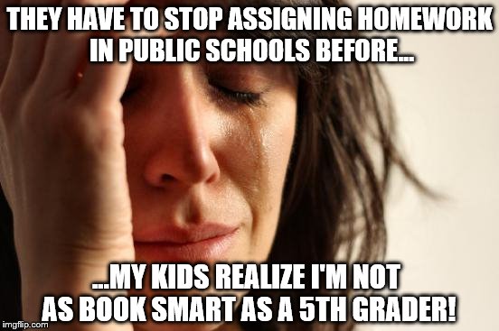 First World Problems: I'm not smarter than a 5th Grader? | THEY HAVE TO STOP ASSIGNING HOMEWORK IN PUBLIC SCHOOLS BEFORE... ...MY KIDS REALIZE I'M NOT AS BOOK SMART AS A 5TH GRADER! | image tagged in memes,first world problems,school,smart,kids,books | made w/ Imgflip meme maker