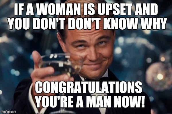 Leonardo Dicaprio Cheers Meme | IF A WOMAN IS UPSET AND YOU DON'T DON'T KNOW WHY; CONGRATULATIONS YOU'RE A MAN NOW! | image tagged in memes,leonardo dicaprio cheers | made w/ Imgflip meme maker