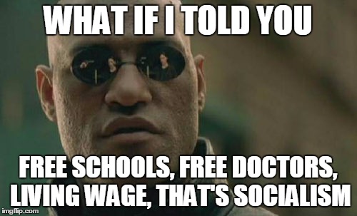 Matrix Morpheus Meme | WHAT IF I TOLD YOU FREE SCHOOLS, FREE DOCTORS, LIVING WAGE, THAT'S SOCIALISM | image tagged in memes,matrix morpheus | made w/ Imgflip meme maker