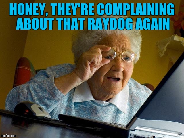 Grandma Finds The Internet | HONEY, THEY'RE COMPLAINING ABOUT THAT RAYDOG AGAIN | image tagged in memes,grandma finds the internet | made w/ Imgflip meme maker