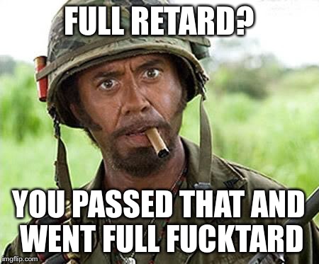 Robert Downey Jr Tropic Thunder | FULL RETARD? YOU PASSED THAT AND WENT FULL FUCKTARD | image tagged in robert downey jr tropic thunder | made w/ Imgflip meme maker