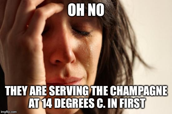 First World Problems | OH NO; THEY ARE SERVING THE CHAMPAGNE AT 14 DEGREES C. IN FIRST | image tagged in memes,first world problems | made w/ Imgflip meme maker