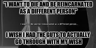 "I WANT TO DIE AND BE REINCARNATED AS A DIFFERENT PERSON"; I WISH I HAD THE GUTS TO ACTUALLY GO THROUGH WITH MY WISH | image tagged in my true wish | made w/ Imgflip meme maker
