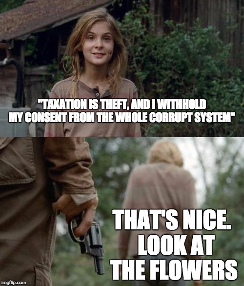 Walking Dead Lizzie | "TAXATION IS THEFT, AND I WITHHOLD MY CONSENT FROM THE WHOLE CORRUPT SYSTEM"; THAT'S NICE.  LOOK AT THE FLOWERS | image tagged in walking dead lizzie | made w/ Imgflip meme maker