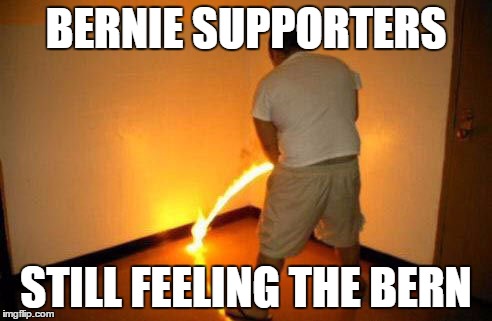Peeing Fire | BERNIE SUPPORTERS STILL FEELING THE BERN | image tagged in peeing fire,meme,bernie sanders | made w/ Imgflip meme maker
