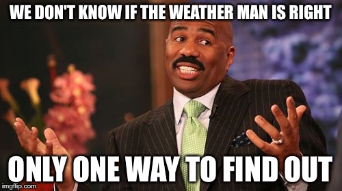 Steve Harvey | WE DON'T KNOW IF THE WEATHER MAN IS RIGHT; ONLY ONE WAY TO FIND OUT | image tagged in memes,steve harvey | made w/ Imgflip meme maker