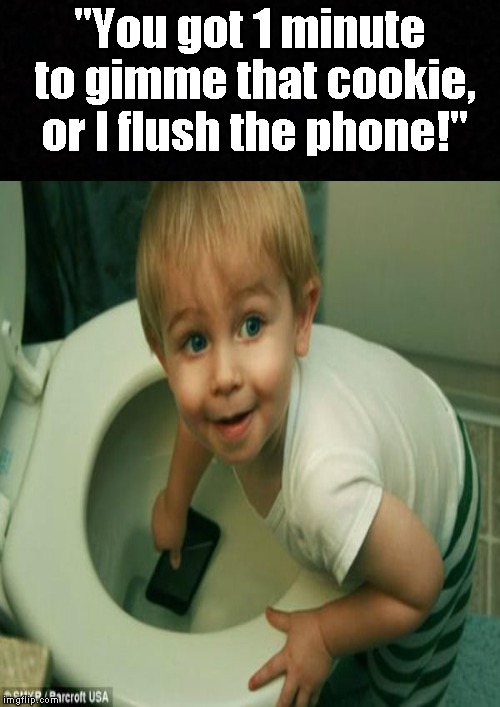The Cookie Ultimatum.... | "You got 1 minute to gimme that cookie, or I flush the phone!" | image tagged in funny memes,kid,toilet,iphone,brat | made w/ Imgflip meme maker