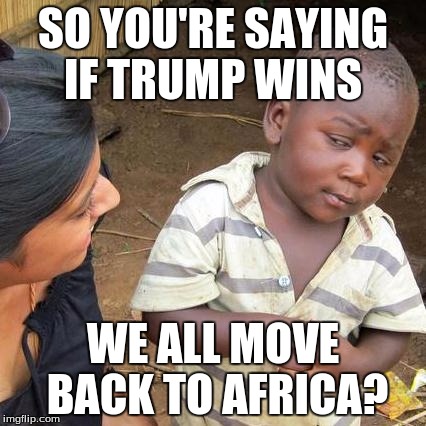 Third World Skeptical Kid | SO YOU'RE SAYING IF TRUMP WINS; WE ALL MOVE BACK TO AFRICA? | image tagged in memes,third world skeptical kid | made w/ Imgflip meme maker