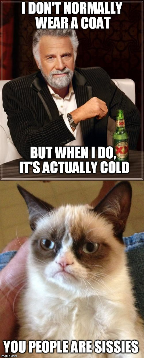 I DON'T NORMALLY WEAR A COAT BUT WHEN I DO, IT'S ACTUALLY COLD YOU PEOPLE ARE SISSIES | made w/ Imgflip meme maker