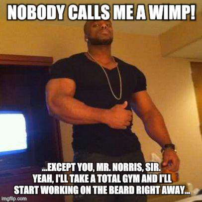 slaps girlfriends ass | NOBODY CALLS ME A WIMP! ...EXCEPT YOU, MR. NORRIS, SIR. YEAH, I'LL TAKE A TOTAL GYM AND I'LL START WORKING ON THE BEARD RIGHT AWAY... | image tagged in slaps girlfriends ass | made w/ Imgflip meme maker