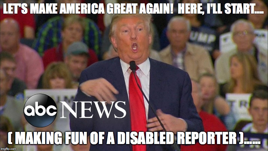 Disgusting Trump | LET'S MAKE AMERICA GREAT AGAIN!  HERE, I'LL START.... ( MAKING FUN OF A DISABLED REPORTER )...... | image tagged in trump | made w/ Imgflip meme maker