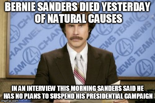 This is all assuming he's not already dead. | BERNIE SANDERS DIED YESTERDAY OF NATURAL CAUSES; IN AN INTERVIEW THIS MORNING SANDERS SAID HE HAS NO PLANS TO SUSPEND HIS PRESIDENTIAL CAMPAIGN | image tagged in memes,ron burgundy,bernie sanders,election 2016 | made w/ Imgflip meme maker