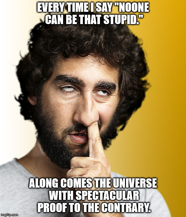 Proven wrong every time | EVERY TIME I SAY "NOONE CAN BE THAT STUPID."; ALONG COMES THE UNIVERSE WITH SPECTACULAR PROOF TO THE CONTRARY. | image tagged in funny,stupid people | made w/ Imgflip meme maker