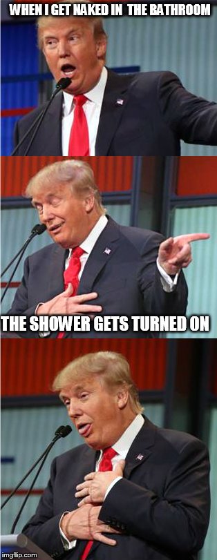 Bad Pun Trump | WHEN I GET NAKED IN  THE BATHROOM; THE SHOWER GETS TURNED ON | image tagged in bad pun trump | made w/ Imgflip meme maker