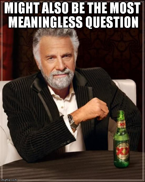 The Most Interesting Man In The World Meme | MIGHT ALSO BE THE MOST MEANINGLESS QUESTION | image tagged in memes,the most interesting man in the world | made w/ Imgflip meme maker