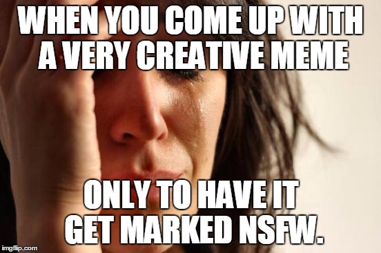 Apparently Certain Words Aren't Allowed... | WHEN YOU COME UP WITH A VERY CREATIVE MEME; ONLY TO HAVE IT GET MARKED NSFW. | image tagged in memes,first world problems,nsfw,boobs,but why,stupid | made w/ Imgflip meme maker