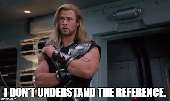 Thor did not understand the reference.. | I DON'T UNDERSTAND THE REFERENCE. | image tagged in thor,avengers,reference,joke | made w/ Imgflip meme maker