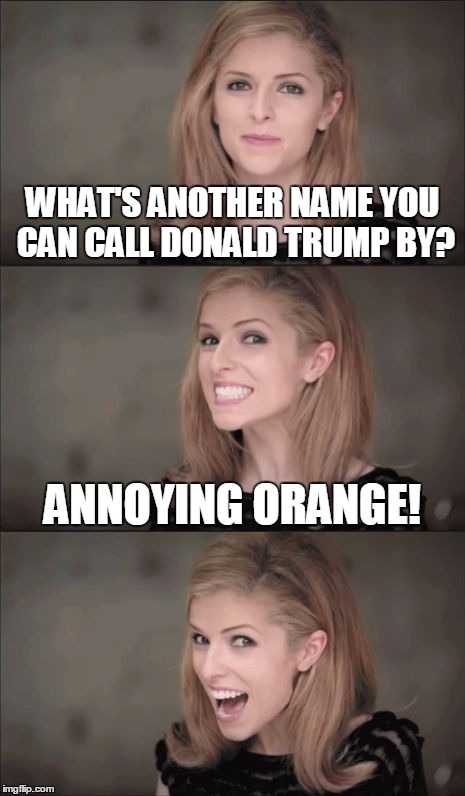 I Was Going To Make A Joke About His Real Last Name (Drumpf) But I Thought Up Something Better! | WHAT'S ANOTHER NAME YOU CAN CALL DONALD TRUMP BY? ANNOYING ORANGE! | image tagged in memes,bad pun anna kendrick,annoying orange,donald trump | made w/ Imgflip meme maker