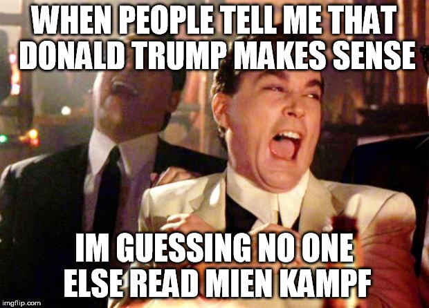 Goodfellas Laugh | WHEN PEOPLE TELL ME THAT DONALD TRUMP MAKES SENSE; IM GUESSING NO ONE ELSE READ MIEN KAMPF | image tagged in goodfellas laugh | made w/ Imgflip meme maker