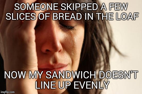 First World Problems | SOMEONE SKIPPED A FEW SLICES OF BREAD IN THE LOAF; NOW MY SANDWICH DOESN'T LINE UP EVENLY | image tagged in memes,first world problems | made w/ Imgflip meme maker