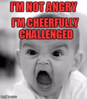 I'm Not Angry | I'M NOT ANGRY I'M CHEERFULLY CHALLENGED | image tagged in angry baby,meme,memes | made w/ Imgflip meme maker