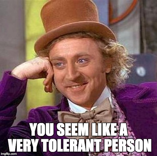 Creepy Condescending Wonka Meme | YOU SEEM LIKE A VERY TOLERANT PERSON | image tagged in memes,creepy condescending wonka | made w/ Imgflip meme maker